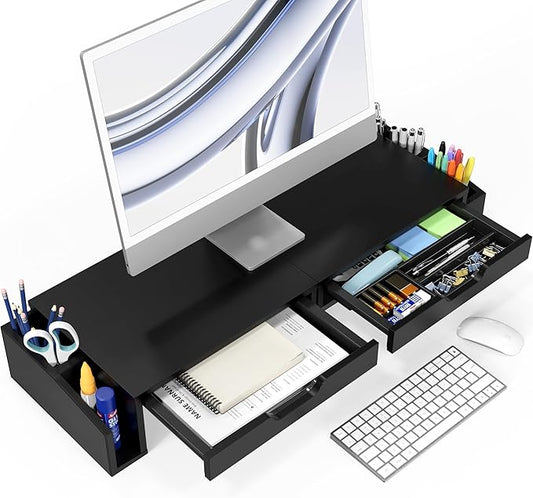 Simple Houseware Desk Dual Monitor Stand Riser with Pull-Out Drawers, Black