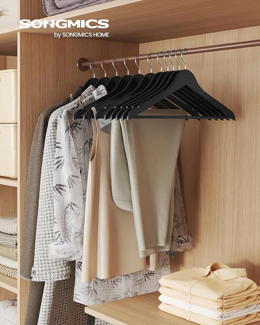 SONGMICS Wooden Hangers, Pack of 30, Coat Hangers, Pants Bar, 360° Swivel Hooks, Solid Birch Wood, Space Saving, for Jackets, Shirts, Coats, Ink Black UCRW030B01