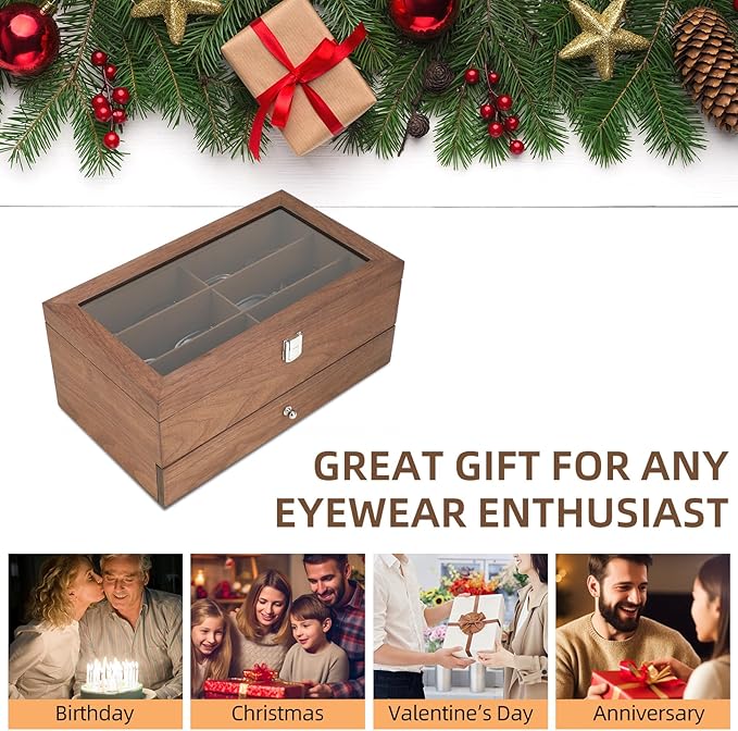 BAOJULONG Wooden Sunglasses Organizer Box, Eyewear Display Eyeglass Case, Glasses Storage Box Sunglass Holder Gifts