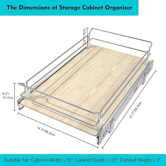 Pull Out Cabinet Organizer 15" W X 22" D, Slide Out Drawers For Kitchen Organizers and Storage, Pull Out Drawers For Cabinets Capacity Heavy Duty Caddy, Cabinet Shelves Wood Chrome, Pantry Storage