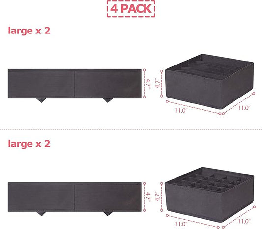 DIOMMELL 4 Pack Foldable Cloth Storage Box Closet Dresser Drawer Organizer Fabric Baskets Bins Containers Divider for Clothes Underwear Bras Socks Lingerie Clothing, Dark Grey 22-0000