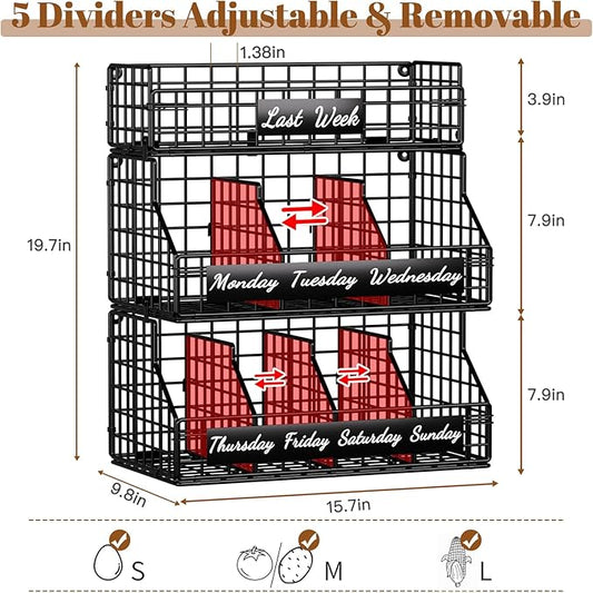 Egg Basket for Countertop, Egg Holder Countertop with 5 Dividers & Labels, 3 Tier Stackable Wire Storage Baskets to Keep Eggs Organized, Egg Organizer Decorative Rack for Kitchen & Home, Black