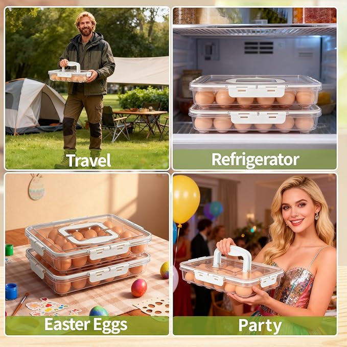 Deviled Egg Containers with Lid, 2 Pack Thick Clear Plastic Deviled Carrier with Handle Storage 48 Eggs, Stackable Egg Holder Portable Tray Platter for Fridge, Travel, Party-White