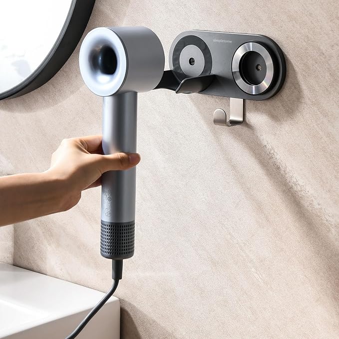 simpletome Hair Dryer Holder Wall Mount for All Magnetic High Speed Blow Dryer with Plug Cord Organizer Hook (ABS Plastic, Grey)