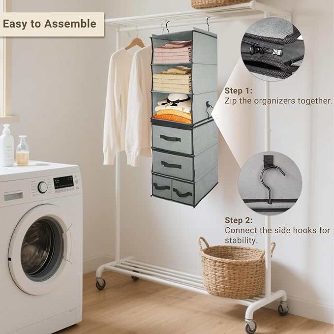 2-in-1 Durable 6-Tier Hanging Shelves with 4 Removable Drawer,2 Separable 3-Tier Thickened Fabric Hanging Closet Clothes Storage Organizer Space-saving for Dorm,RV,Guestroom,Bedroom,Bathroom