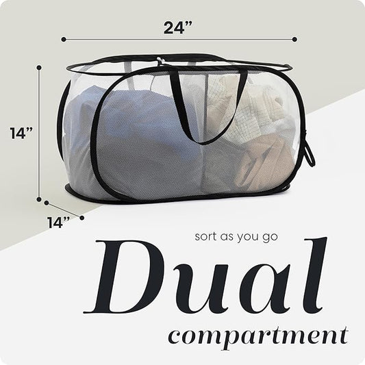 Foldable Laundry Basket - Popup and Collapsible, Durable Mesh Material, Folds for Storage, Easy Carry Handles - Great Hamper for College Dorm, Laundry Room or Travel (White-Black, 2-Compartments)