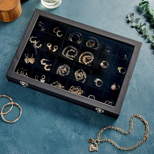 Juvale Black Velvet Jewelry Display Tray Organizer Case - Jewelry Display for Vendors w/Glass Cover - 24 Slot Tray with Removable Grids - Crystal & Rock Collection Box - Black 14 x 9.5 x2 in