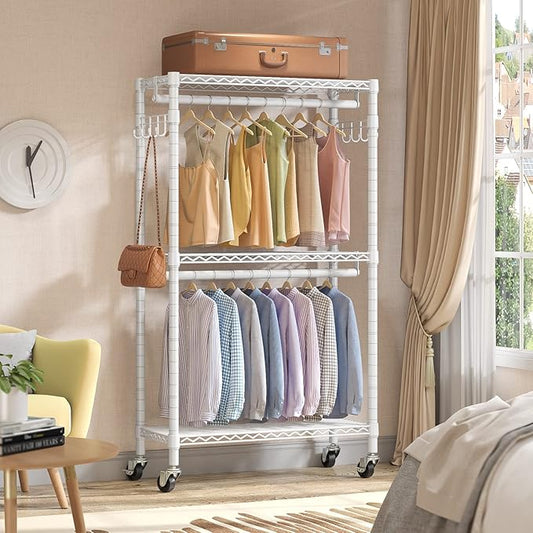 VIPEK R2 Medium Heavy Duty Clothes Rack Rolling Clothing Rack Adjustable Metal Wire Shelving Portable Closets with Double Hanging Rods, Side Hooks, Freestanding Closet Racks Wardrobe, White