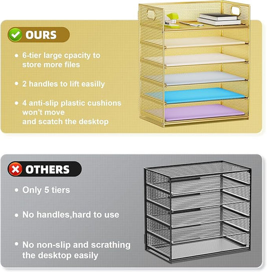 Marbrasse Paper Letter Tray Organizer - 6 Tier Mesh File Organizer with Handle, Paper Sorter Organizer for Letter/A4 Office File Folder Holder - Gold
