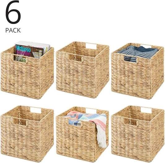 mDesign Natural Woven Hyacinth Cube Organizer Basket with Handles, Storage for Bathroom, Laundry Room Shelf or Nursery - Perfect for Cubby Storage Units - Hold Blankets and Books - 6 Pack, Natural/Tan