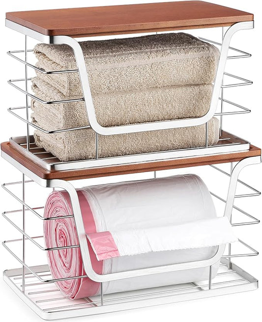ALOCEO 2 Pack Stackable Storage Bins with Lids, Stainless Steel Extra Large Trash Bag Dispenser for Kitchen Sink, Laundry, Pantry Organizer and Storage, Fit 13/30/33 Gallon Garbage Bags, Walnut Sliver