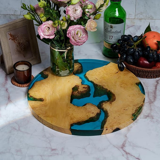 Handmade 16" Wood and Epoxy Resin Lazy Susan, Turntable for Kitchen Countertop, Rotating Display Stand, Round Wooden Platter, Organizer and Storage for Dining Table (Light Blue & Light Wood)