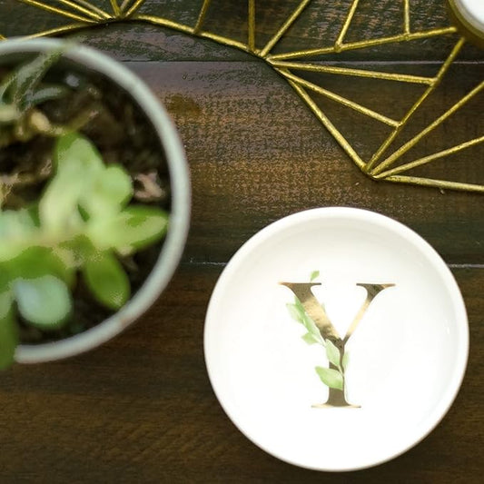 Trinket Tray Ring Dish with Personalized Y in Gold Foil and Greenery - White Ring Dish - Monogrammed Trinket Dish or Jewelry Bowl - Cedar & Ink (Y)