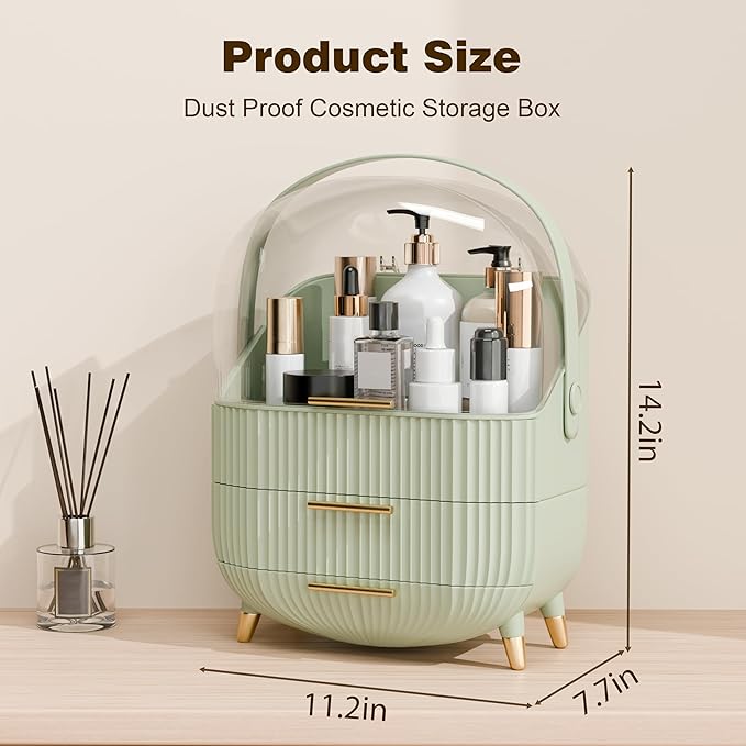 lurcns Makeup Organizers and Storage, Make up Organizer for Vanity Cosmetics Skincare Organizers With Lid and Drawers Display Cases for Countertop(Light Green)
