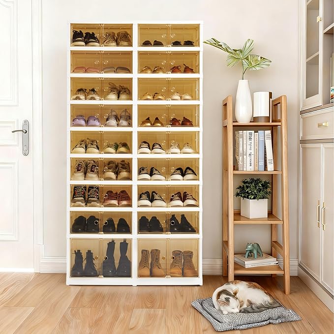 LAFORMO Folding Shoe Rack Storage Device,Large Plastic Folding Shoe Cabinet, Easy to Assemble Shoe Rack Storage Cabinet with Transparent Door Magnetic Buckle(9Tiers,36Pairs)