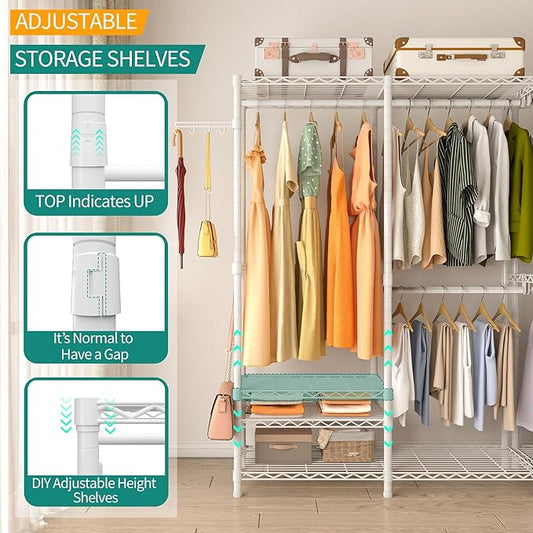 Heavy Duty Garment Rack, Metal Closet Organizers and Storage Clothing Racks 3 Tiers Adjustable Wire Shelving with 2 Hanger Rods and Side Hooks, 44.7" Lx16.5 Wx76.8 H, Max Load 800LBS, White