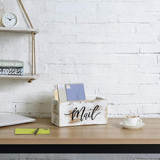 MyGift Mail Holder Storage Organizer Box Whitewashed Wood with MAIL Script Design, Desktop Letters, Bills, Notes and Postcard Bin for Home Office Dorm Room