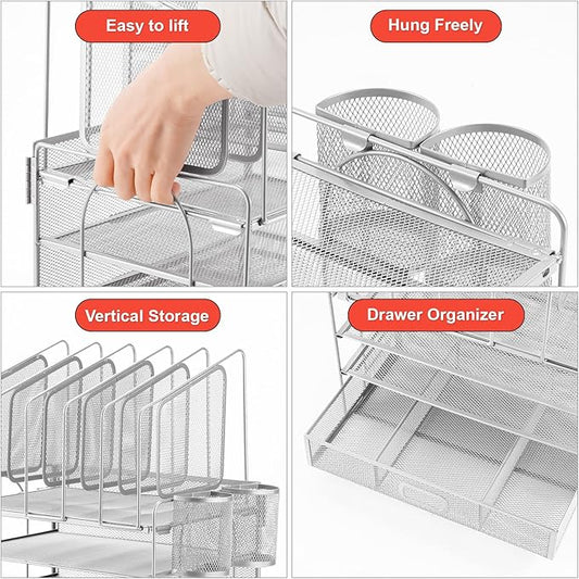 Marbrasse Desk Organizers, 4-Tier Mesh Desk File Organizer with 5 Vertical File Holders and 2 Pen Holders, Multifunction Desktop Organizer,Desk Organizers and Accessories for Home Office (Silver)