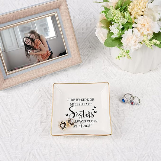 Spegiffu Sister Gifts Trinket Jewelry Dish- Side by side or miles apart, sisters are always close at heart, Sisters Birthday Gifts Mother's Day Valentines Christmas Gift for Sister from Sister