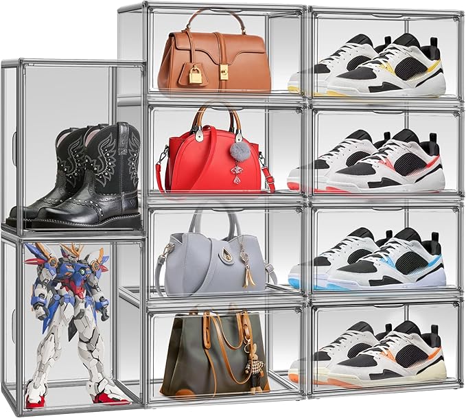 DAYOOH 10 Pack Size 12 Shoe Boxes for Closet Clear Plastic Stackable Shoe Organizer Storage Bins with Lids, Under Bed Shoe Containers for Entryway