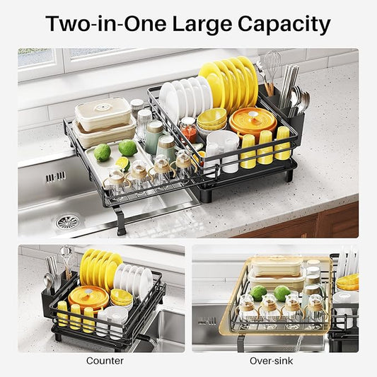 SNTD Dish Drying Rack - Extendable Dish Rack, Large Sink Drying Dish Drainer for Kitchen Counter, Stainless Steel Dish Strainer with Utensil Holder (Black)