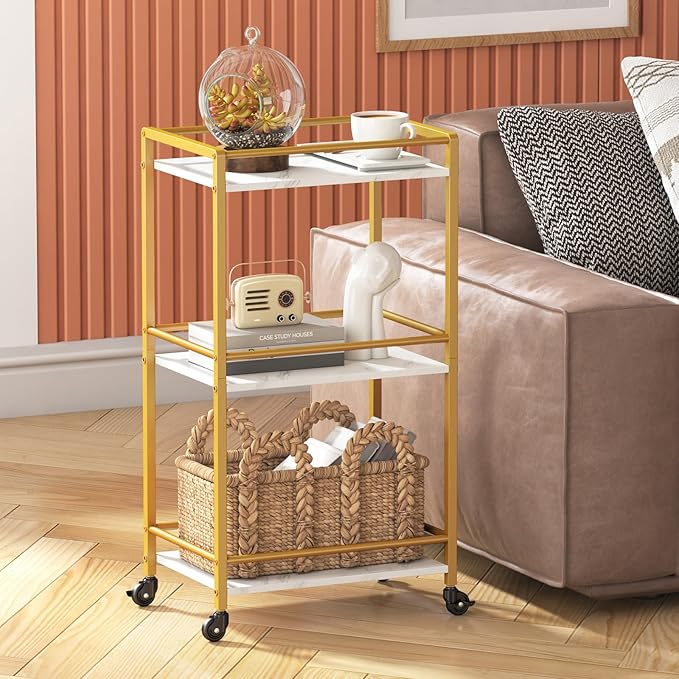 Lifewit Bar Cart for The Home, 3 Tier Rolling Wine Cart, Drink Serving Cart with Lockable Wheels, Mini Liquor Utility Cart for Dining Living Room, 43 x 30 x 81.5 cm/17x 11.8 x 32.1 inch, Gold