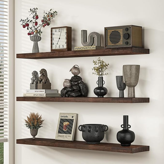 Fun Memories Floating Shelves for Wall Set of 2, Rustic Solid Elm Wood Wall Shelves 32 Inch - Invisible Bracket Mount for Living Room, Bathroom, Bedroom, Kitchen, Walnut