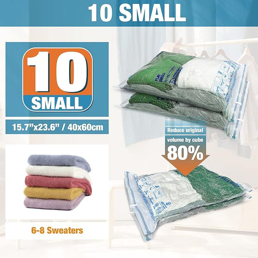 Vacuum Storage Bags, 10 Small Space Saver Vacuum Seal Bags, Space Bags, Vacuum Sealer Bags for Clothes with Travel Hand Pump (10S)