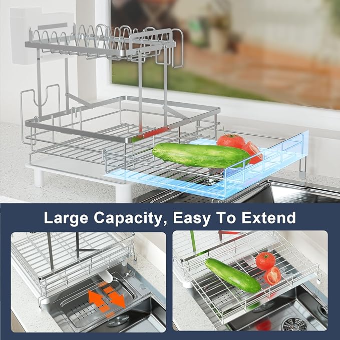 YEYPOP 2 Tier Expandable Dish Drying Rack, Stainless Steel Dish Rack w Drainboard, Large Dish Drainer for Kitchen Counter, w Cup Holder and Cutting Board Rack