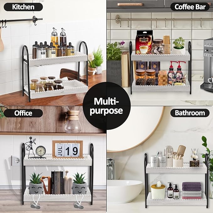 2 Tier Coffee Bar Organizer, Wood Coffee Bar Accessories Shelf for Countertop, Rustic Coffee Station Organizer Decor Stand Rack for Mugs Cups Syrup, Condiment Storage Holder for Kitchen, Home, Office