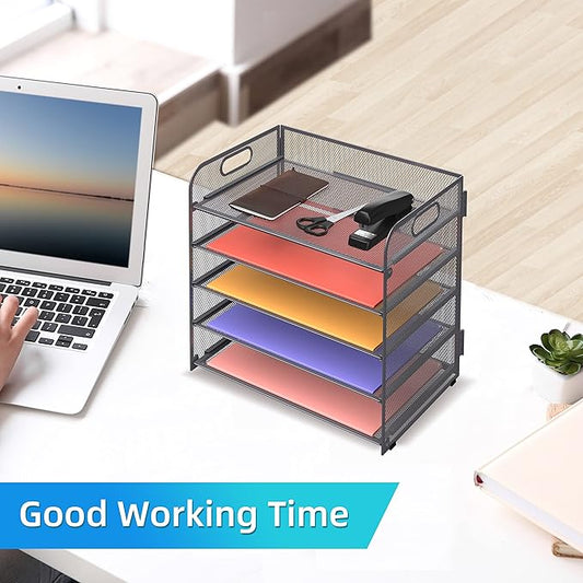 Supeasy 5 Trays Paper Organizer Letter Tray with Handle-Mesh Desk File Organizer, Grey Paper Sorter Desk Organizer for Office, Home or School