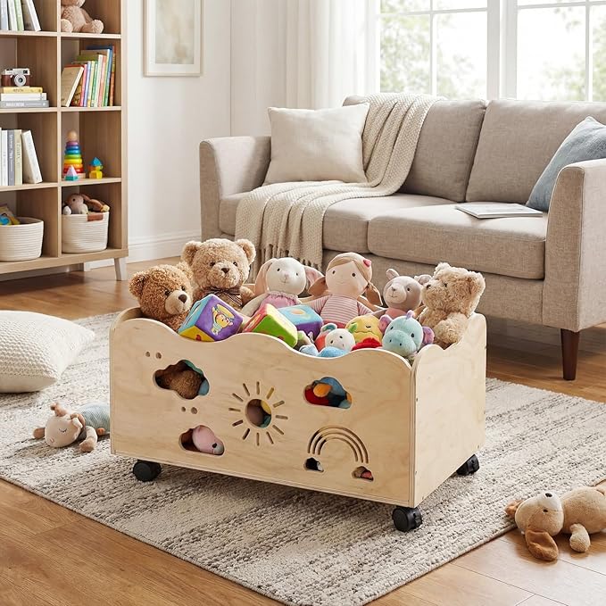 Toy Box for Kids 24" x 14.4" x 10.4" Toy Chest for Girls Boy Wooden Storage Trunk Mobile Wood Bookshelf with Rainbow Pattern for Kids Rooms, Closet, Classroom, Bedroom, Nursery
