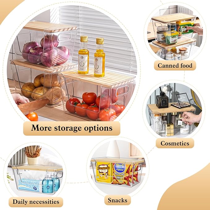 4 Set Stackable Storage with Removable Bamboo Cover, Plastic Container for Kitchen Organizers, Clear Front Open More Easy Access Bins Storage for Pantry, Potato, Onion, Garlic, Fruits, Vegetable