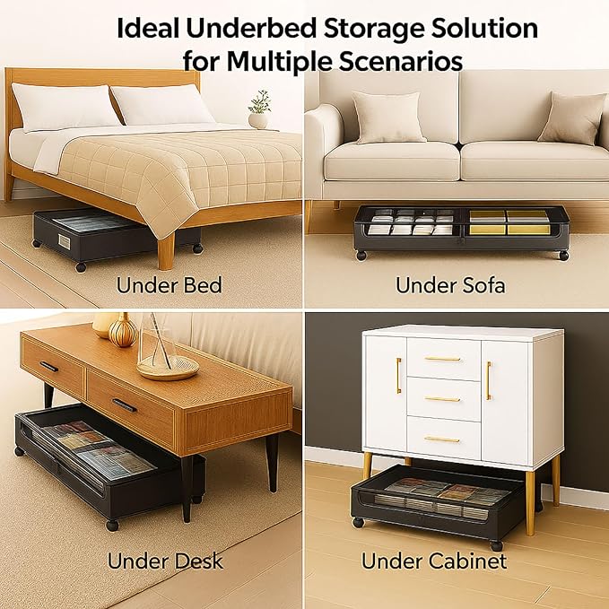 Under Bed Storage with Wheels – Foldable Rolling Organizer Bin with Lid & Label Slot, Clothes Storage Box for Blankets, Shoes, Sweaters, Underbed Storage Container for Bedroom & Closet (Black*2pcs)