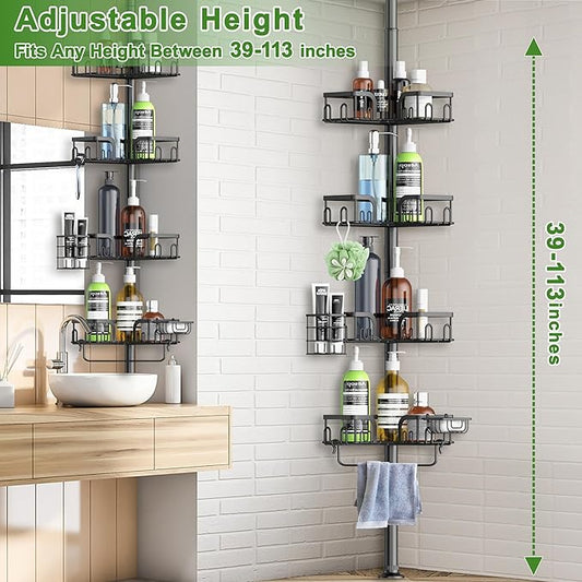 Clothink Corner Shower Caddy Tension Pole 4 Tier Adjustable Stainless Steel Shower Shelf for Inside Shower Bathtub Shampoo,Standing Bathroom Organizer Shelves with 39 to 113 inch Height
