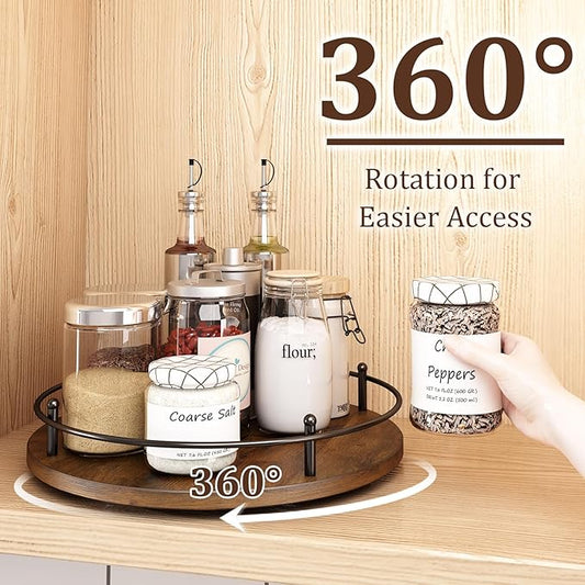12" Lazy Susan Turntable Organizer,Round Wooden Lazy Susan Organization and Rotating Spice Rack for Dining Table,Pantry,Kitchen Countertop,Vanity,Cupboard and More.Vintage Wood(Round)