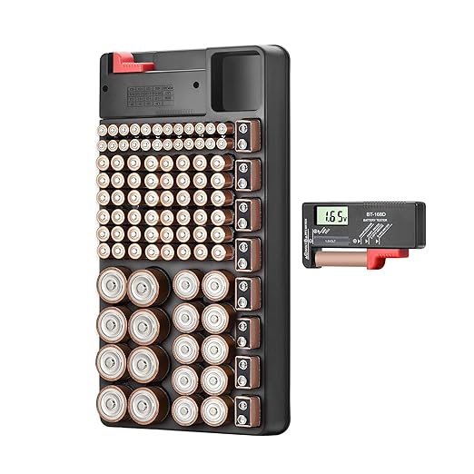 Battery Organizer Storage Case, Stores & Protects Up to 110 Batteries, Holds AAA AA C D 9V Button Cell, Compact Design with Lid for Home & Garage, with Battery Tester (Holds 110 Batteries)