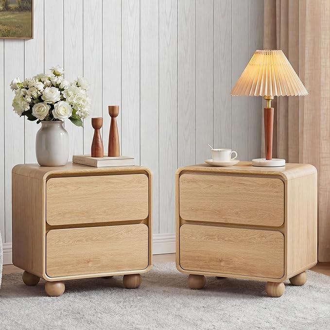 AVZEAR Small Night Stand with 2 Drawers, Mid Century Modern Nightstands with Solid Wood Legs, 2 Drawer Dresser Curved Profile Design End Table Side Table for Small Space, Dorm, Bedroom((Natural)