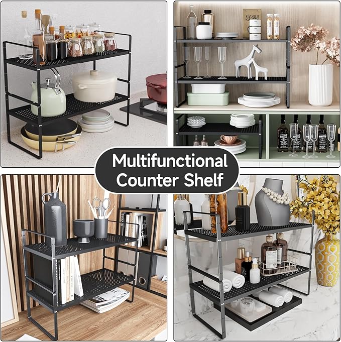 jkxoo Expandable Cabinet Shelf Organizers, Stackable Metal Shelves Extender for Kitchen Countertop Storage, Adjustable Spices Shelves Rack Stand for Cupboard Pantry, Black