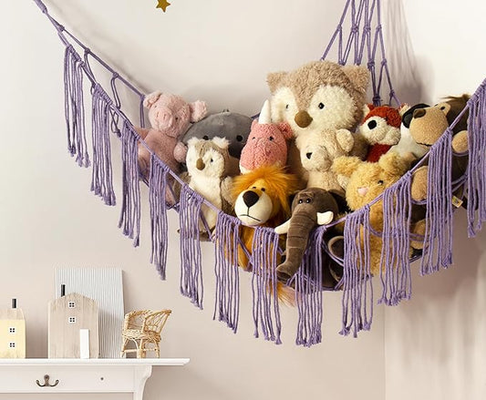 Stuffed Animal Hammock Corner with LED Light - Toy Storage Hammock Plushie Net Organizer - Teddy Bear Stuffy Hammock - Purple Nursery Decor Baby Kids Bedroom Nursery Furniture