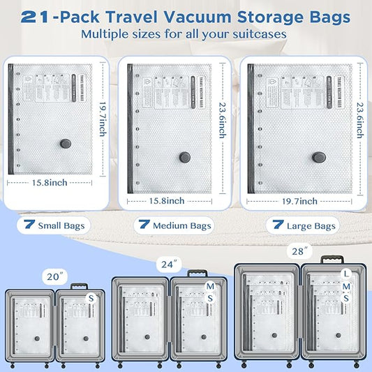 SORON 21 Pack Vacuum Seal Bags for Clothing Travel, Travel Vacuum Storage Bags with Rechargeable air Pump, Carry-on Size Compression for Luggage and Suitcases, Space Saver for Clothes