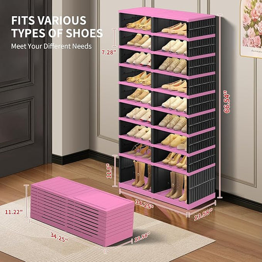 CIMLORD 9-Tier Foldable Shoe Rack Organizer for Closet,36 Pairs Collapsible Plastic Shoe Shelf,Large Shoes Cabinet with Door,Clear Stackable Storage Box Easy Assembly(Black-Pink)