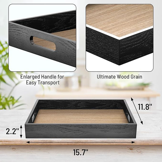 Wood Serving Tray with Handles, Home Decorative Wooden Rectangle Ottoman Decor Platter Vanity Tray for Breakfast Dinner Drinks Kitchen Dining Living Bathroom Restaurants Black Wooden