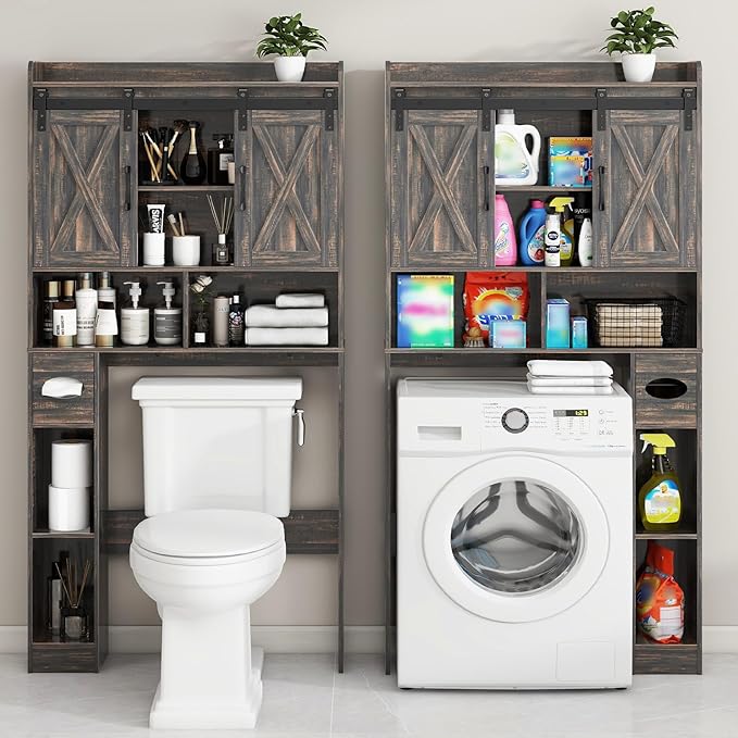 Vabches Over The Toilet Storage Cabinet, Farmhouse Storage Cabinet Over Toilet with Sliding Door& Toilet Paper Holder Stand,Home Space-Saving Toilet Rack, for Bathroom, Laundry and Restroom