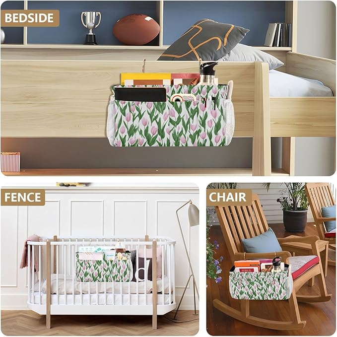 CuwrYet Bedside Caddy Hanging Bunk Bed Caddy Bed Organizer Hanging Pocket with 2 Hooks Bedside Storage Organizer Pocket Bag Holder Small Tulips Pink