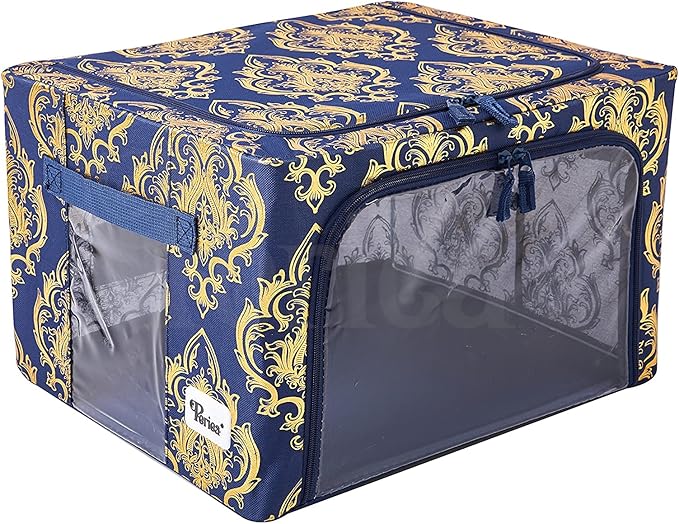 Periea Oxford Cloth Steel Frame Storage Boxes - Under-Bed or in Closet - Pack of 2 Small Organizers (Metallic Damask)