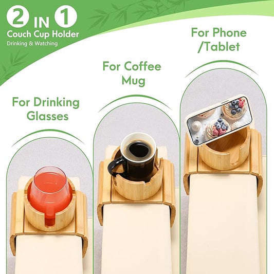 SINWANT Couch Cup Holder, Bamboo Couch Drink Holder for Large Coffee Mug,Non-Slip 360° Rotation 2 in 1 Sofa Cup Holder & Phone Stand, Clip on Sofa RV Car Armrest for Water Bottles,Cans,Wine