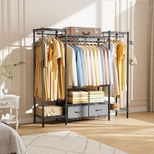Coat Rack Clothes Wardrobe:Closet Organizer and Storage Clothing Garment Rack with Shelves Heavy Duty for Hanging Clothes Portable Adjustable Black 15.8" DX56.8 WX76.5 H