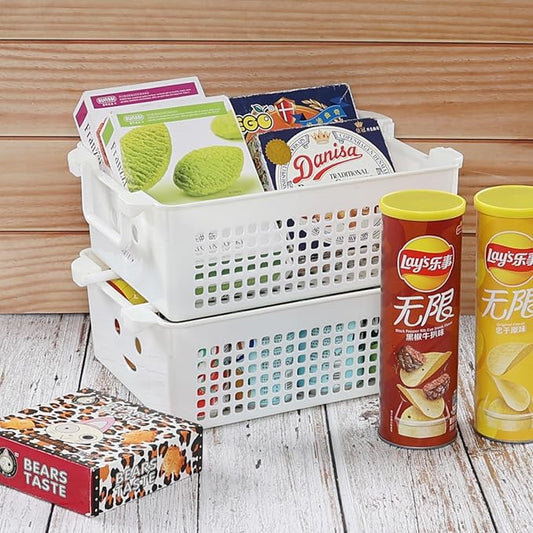 Saedy 4 Packs Plastic Baskets with Handle, Stackable Basket Organizer Bin, White