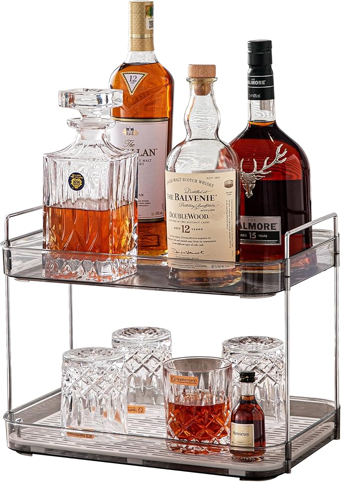 Coffee Bar Accessories, Station Organizers,Large Capacity Storage with Drain Board,Whisky Tray,Mug Tea Cup Holder Coffee Bar Organizer, Smoky Gray